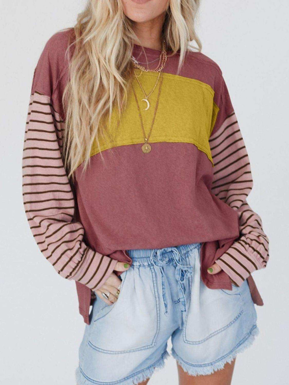 Round Neck Color Block Dropped Shoulder T-Shirt - Trendsi - Flyclothing LLC