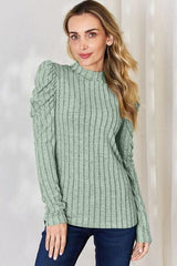 Basic Bae Full Size Ribbed Mock Neck Puff Sleeve T-Shirt - Trendsi