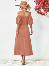Off-Shoulder Balloon Sleeve Midi Dress - Trendsi - Flyclothing LLC