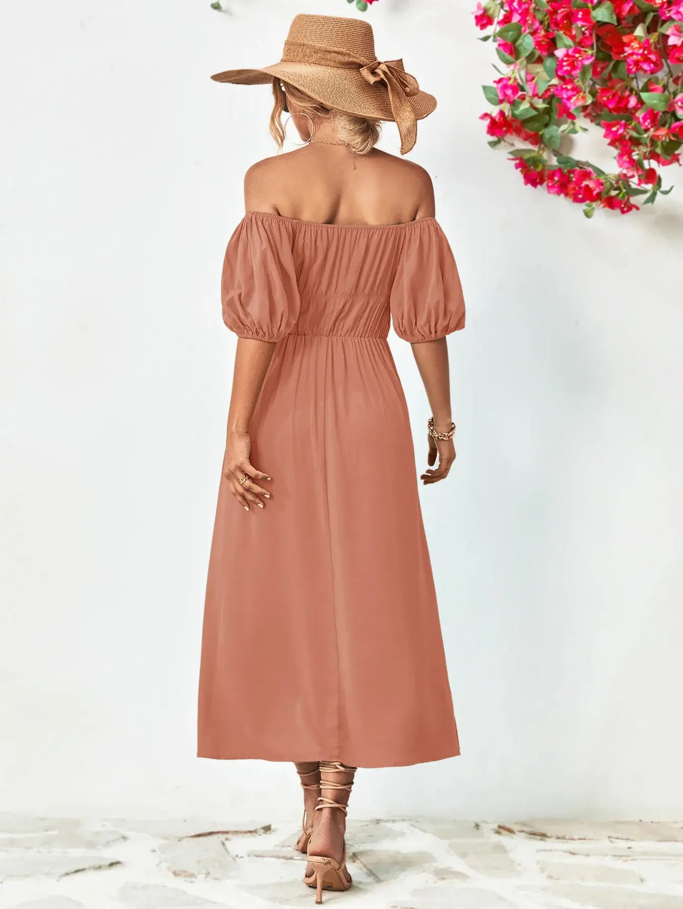 Off-Shoulder Balloon Sleeve Midi Dress - Trendsi - Flyclothing LLC