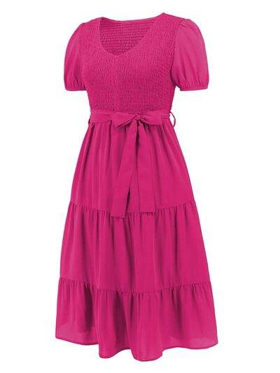 Smocked Tie Front Short Sleeve Tiered Dress - Trendsi - Flyclothing LLC