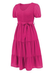 Smocked Tie Front Short Sleeve Tiered Dress - Flyclothing LLC