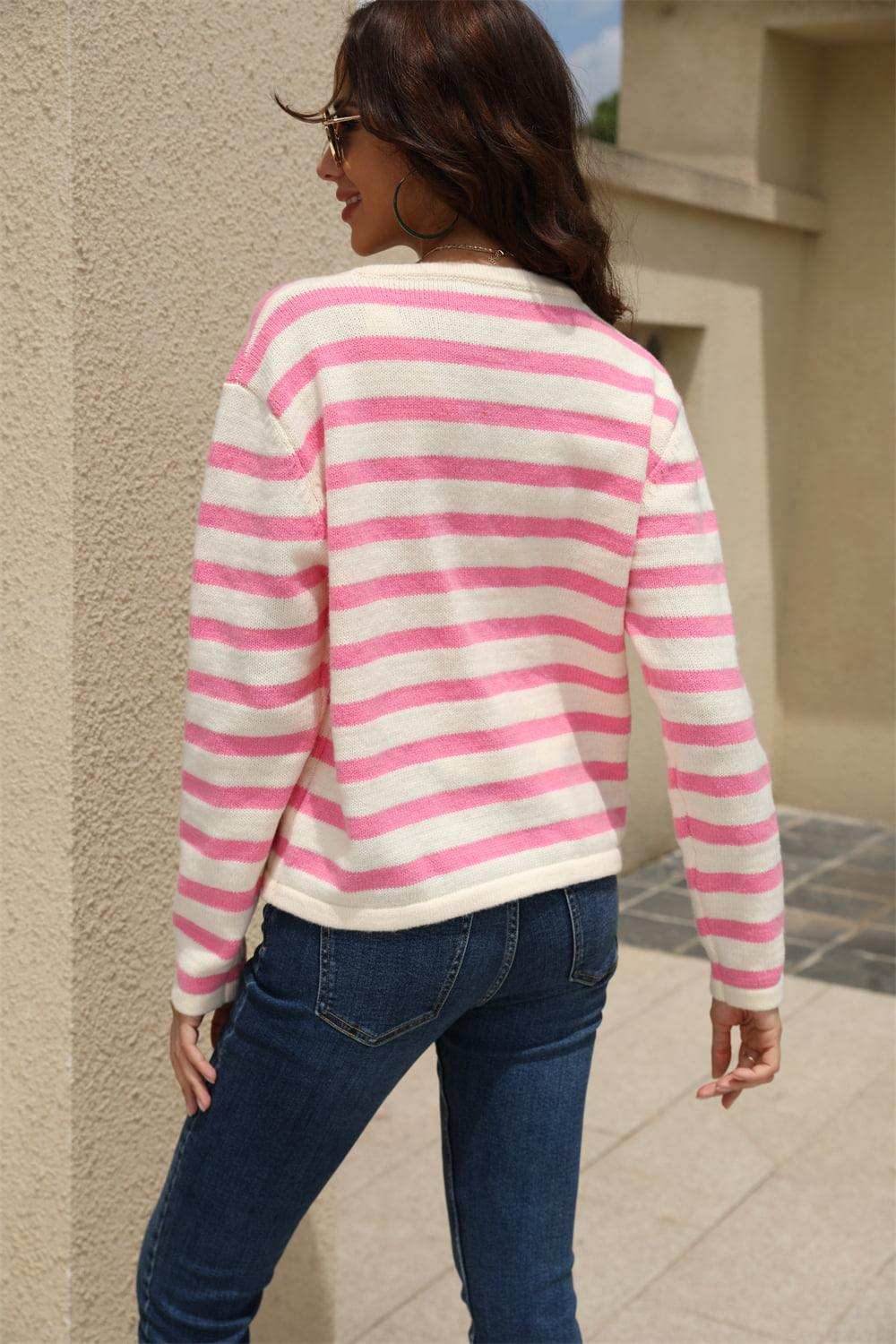 Striped Round Neck Button-Down Dropped Shoulder Cardigan - Trendsi - Flyclothing LLC