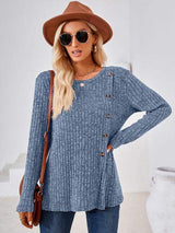 Ribbed Buttoned Round Neck Slit T-Shirt - Trendsi - Flyclothing LLC