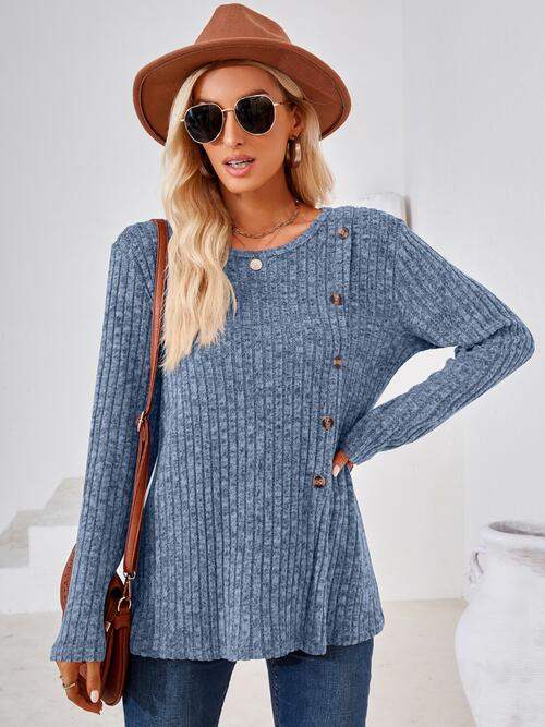 Ribbed Buttoned Round Neck Slit T-Shirt - Trendsi - Flyclothing LLC