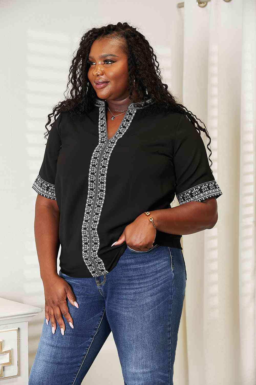 Double Take Embroidered Notched Neck Top - Trendsi - Flyclothing LLC