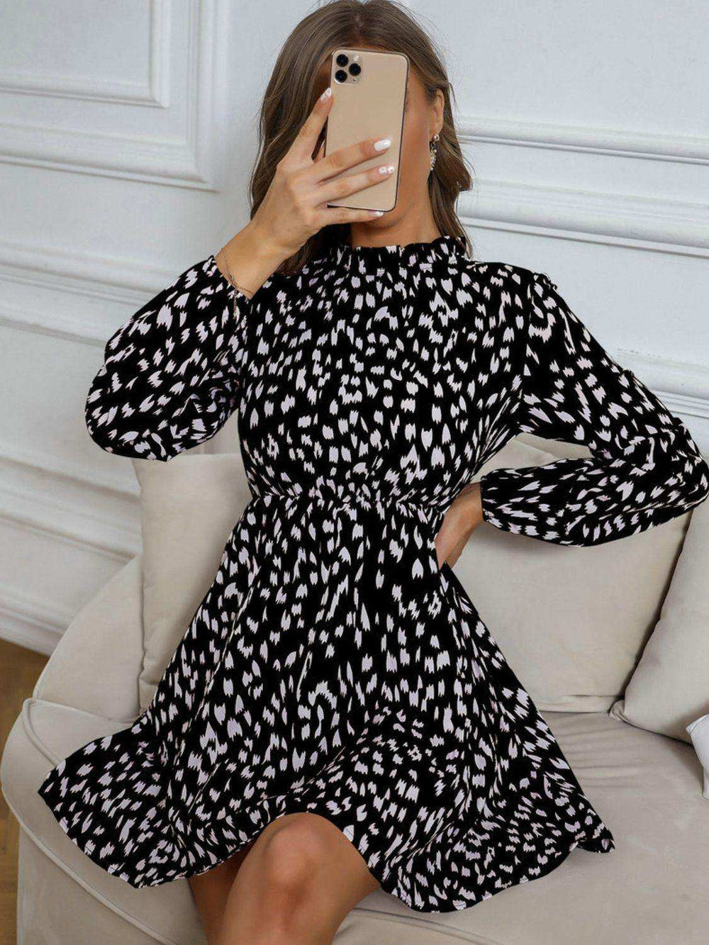Printed Frill Neck Long Sleeve Dress - Trendsi - Flyclothing LLC