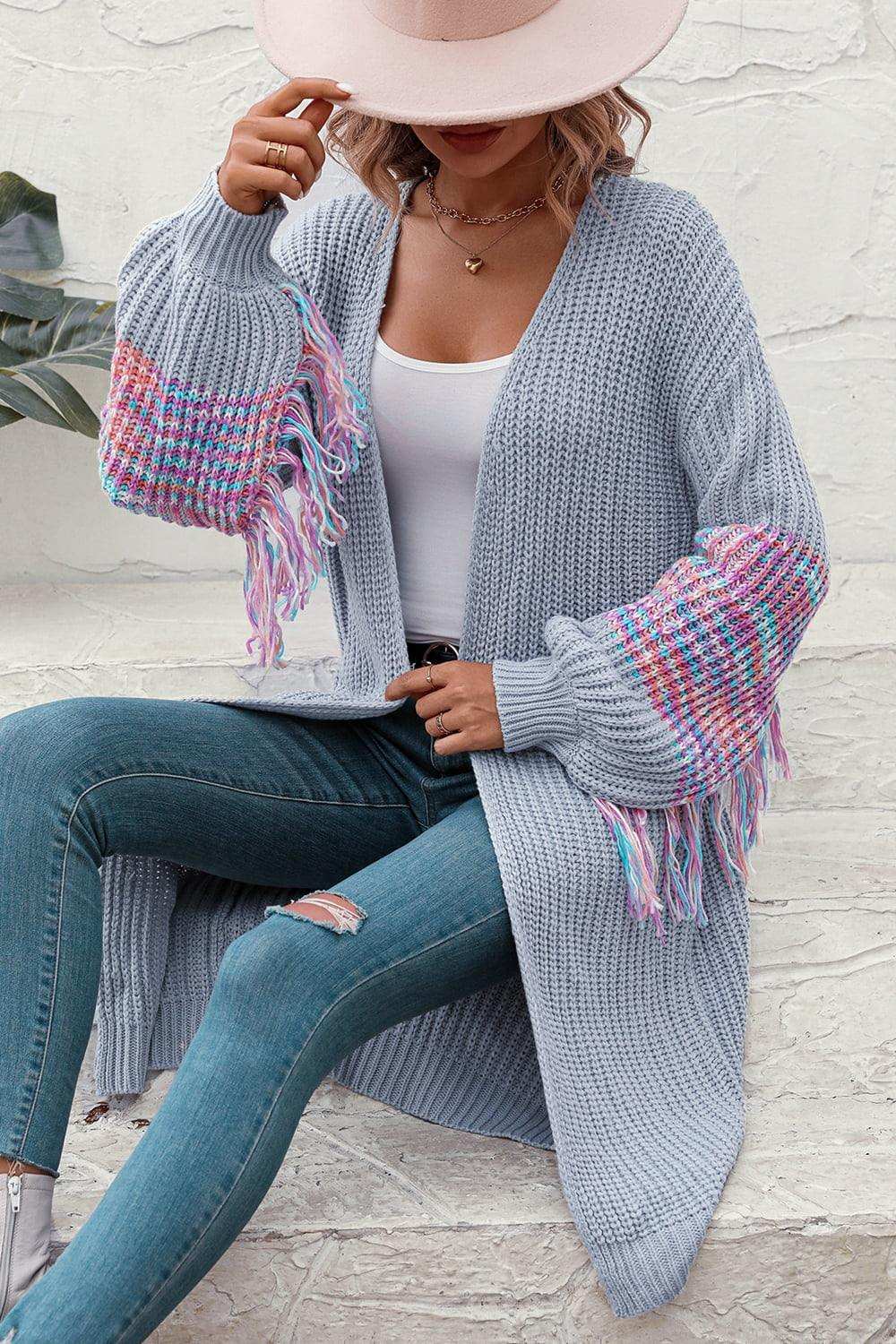 Fringe Sleeve Dropped Sholder Cardigan - Trendsi - Flyclothing LLC