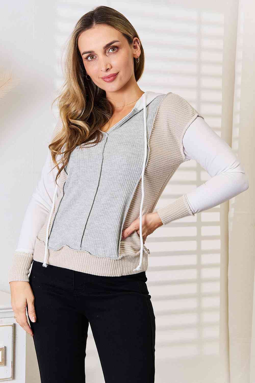 Double Take Color Block Exposed Seam Drawstring Hoodie - Trendsi - Flyclothing LLC