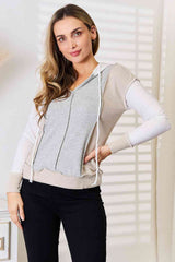 Double Take Color Block Exposed Seam Drawstring Hoodie - Trendsi - Flyclothing LLC