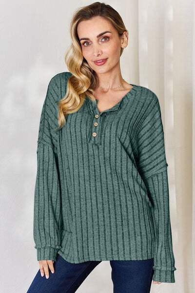 Basic Bae Full Size Ribbed Half Button Long Sleeve T-Shirt - Trendsi - Flyclothing LLC