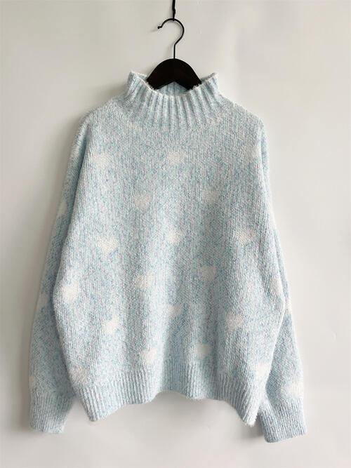 Heart Heathered Turtleneck Drop Shoulder Sweater - Trendsi