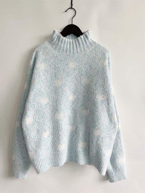 Heart Heathered Turtleneck Drop Shoulder Sweater - Trendsi - Flyclothing LLC