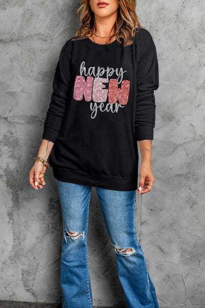HAPPY NEW YEAR Round Neck Sweatshirt - Trendsi - Flyclothing LLC