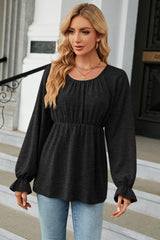 Round Neck Flounce Sleeve Blouse - Trendsi