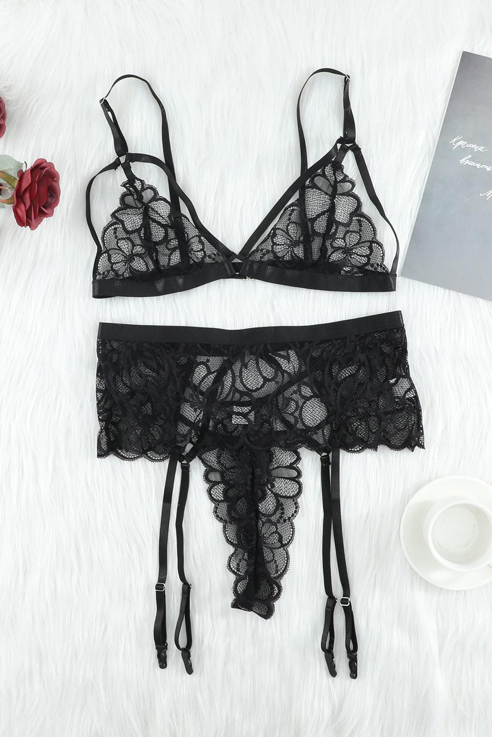 Strappy Three-Piece Lace Lingerie Set - Flyclothing LLC