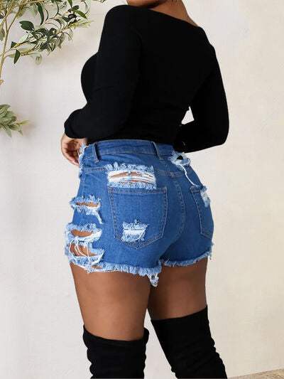 Distressed Raw Hem Denim Shorts with Pockets - Trendsi - Flyclothing LLC