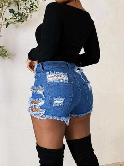 Distressed Raw Hem Denim Shorts with Pockets - Trendsi - Flyclothing LLC