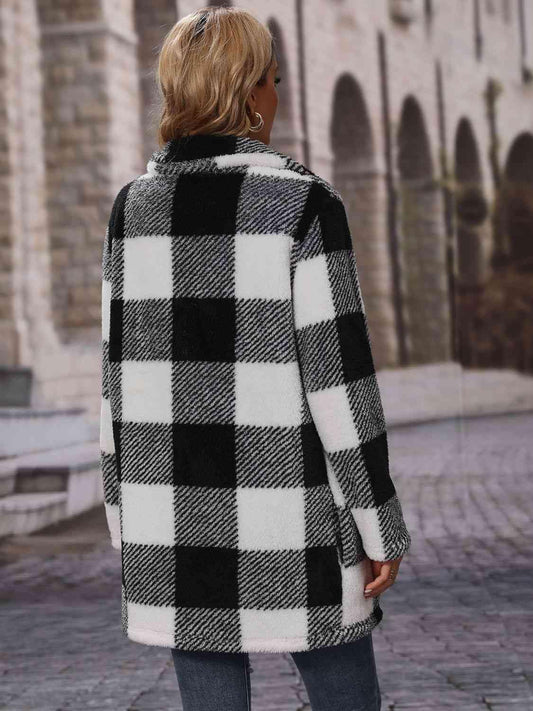 Plaid Collared Neck Coat with Pockets - Trendsi