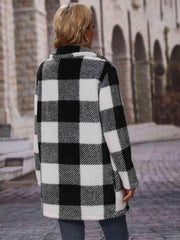 Plaid Collared Neck Coat with Pockets - Trendsi