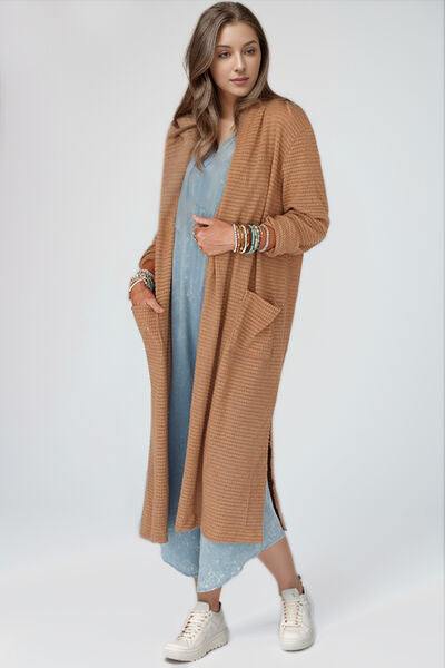 Open Front Long Sleeve Longline Slit Cardigan - Trendsi