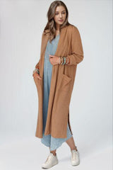 Open Front Long Sleeve Longline Slit Cardigan - Trendsi