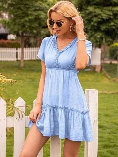 Frill V-Neck Short Sleeve Ruffle Hem Dress - Trendsi - Flyclothing LLC