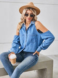 Cold Shoulder Pocketed Button Up Denim Jacket - Trendsi