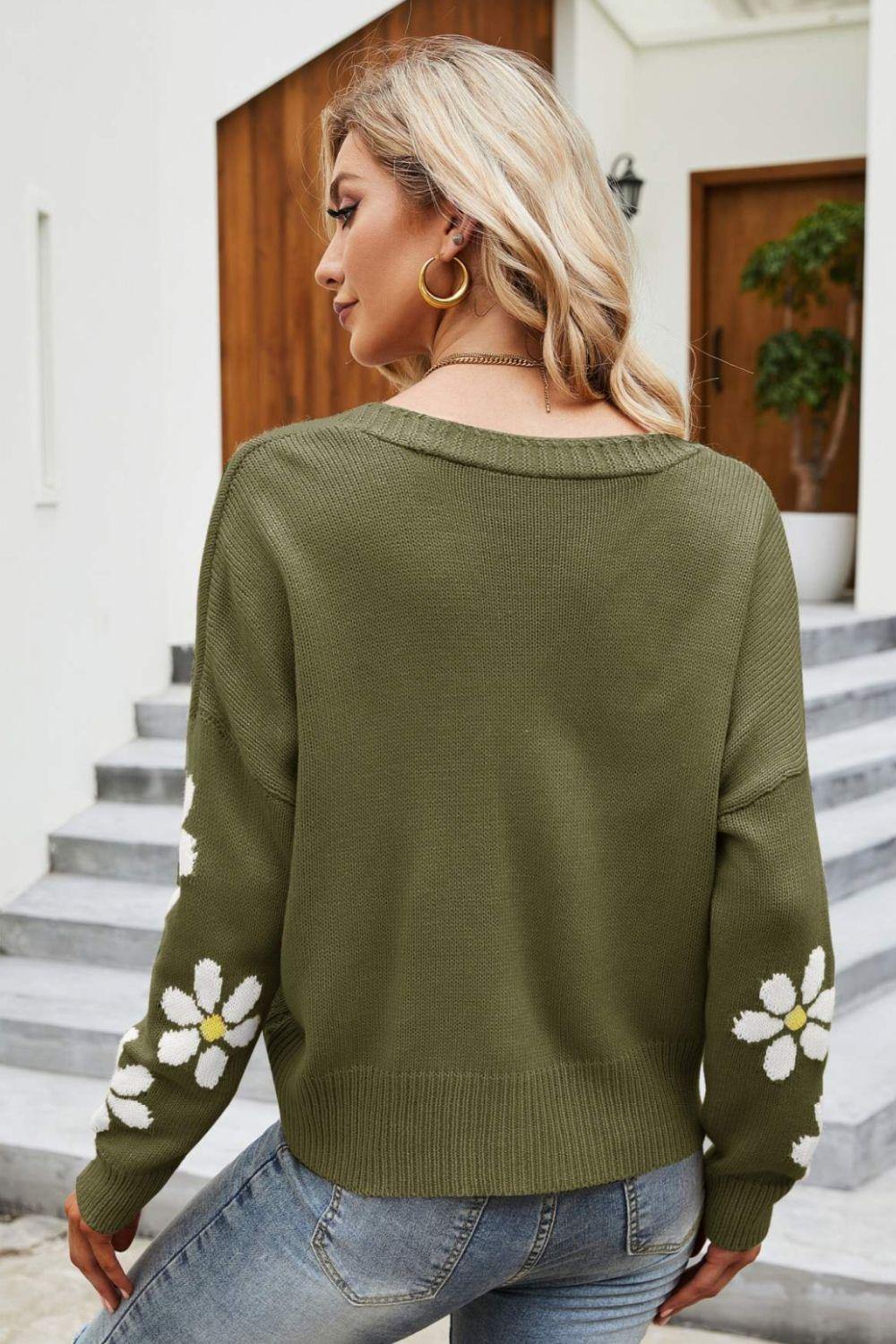 Floral Ribbed Trim Drop Shoulder Cardigan - Trendsi