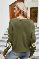 Floral Ribbed Trim Drop Shoulder Cardigan - Trendsi