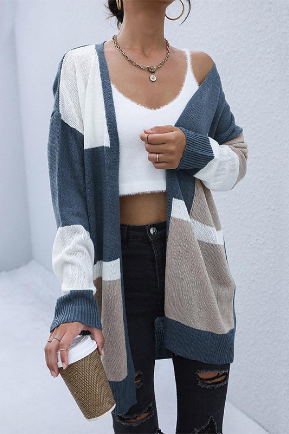 Color Block Dropped Shoulder Cardigan - Trendsi