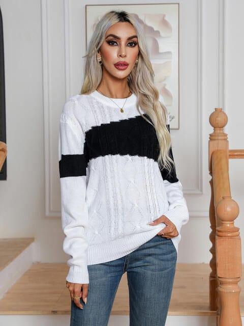 Color Block Cable-Knit Round Neck Sweater - Trendsi
