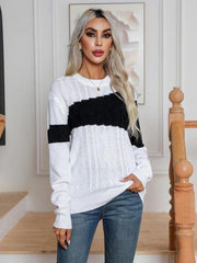 Color Block Cable-Knit Round Neck Sweater - Trendsi