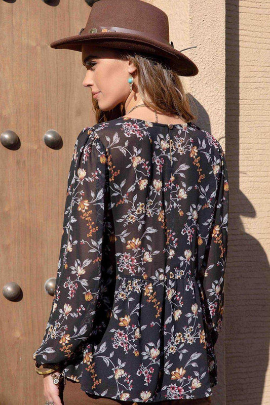 Printed Round Neck Long Sleeve Blouse - Trendsi - Flyclothing LLC