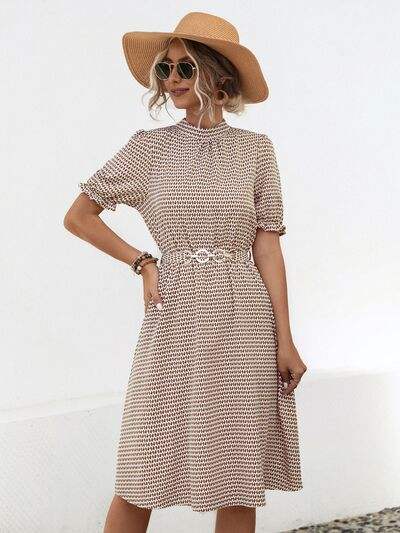Printed Mock Neck Flounce Sleeve Dress - Trendsi - Flyclothing LLC