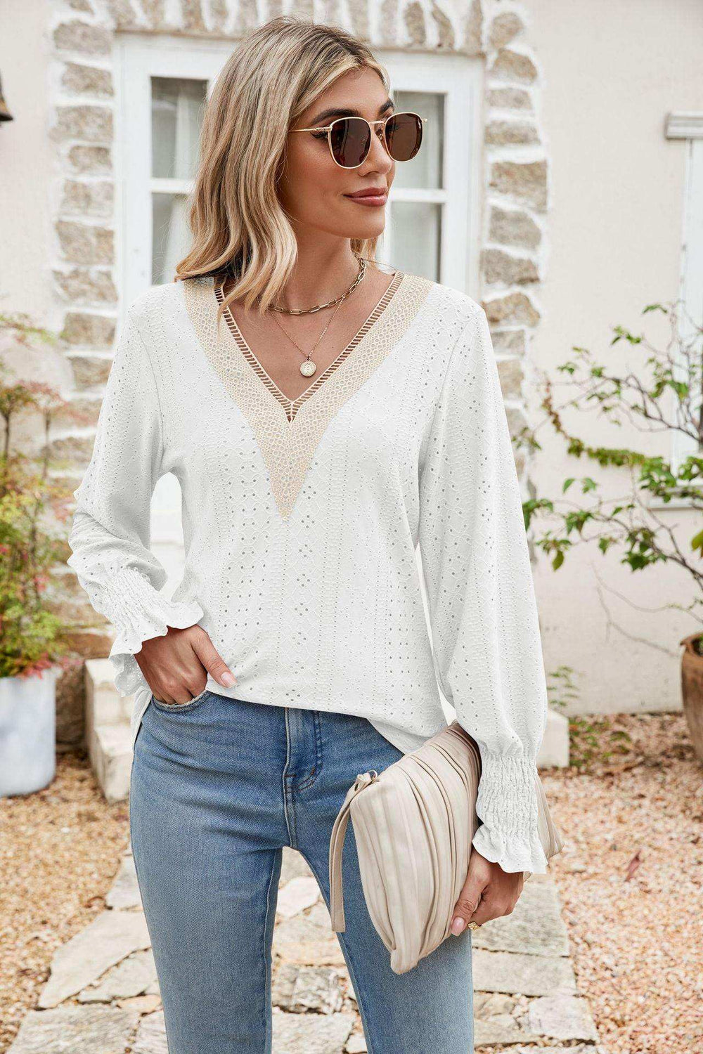 Eyelet V-Neck Smocked Flounce Sleeve Blouse - Trendsi - Flyclothing LLC