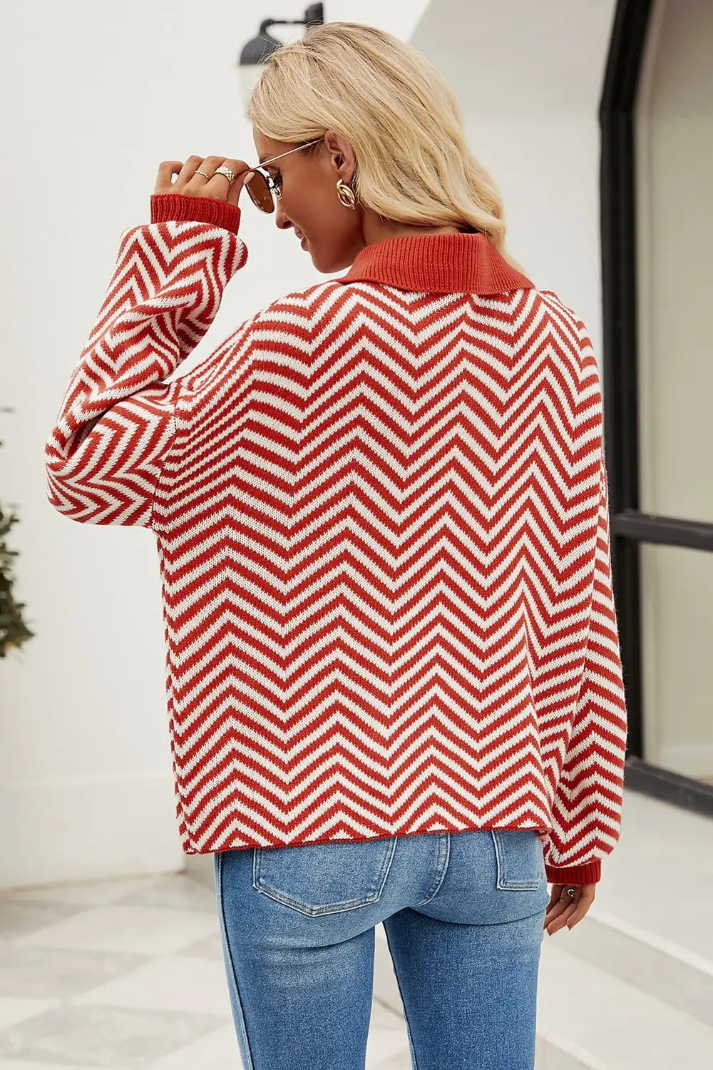 Striped Collared Neck Buttoned Pullover Sweater - Trendsi - Flyclothing LLC