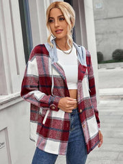 Plaid Hooded Jacket with Pockets - Trendsi