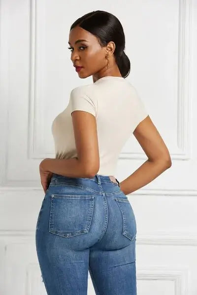 Round Neck Short Sleeve Bodysuit - Trendsi - Flyclothing LLC
