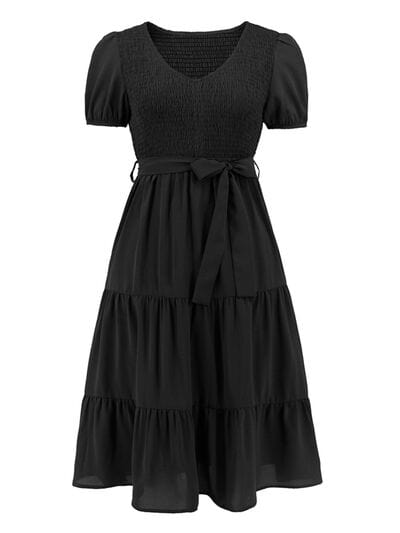 Smocked Tie Front Short Sleeve Tiered Dress - Flyclothing LLC