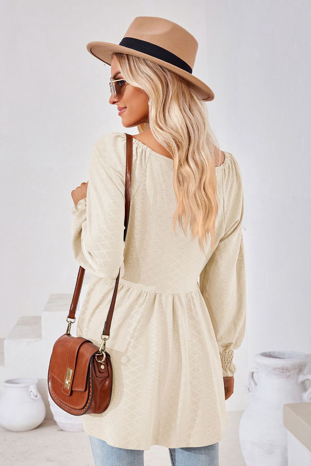 V-Neck Lantern Sleeve Blouse - Trendsi - Flyclothing LLC