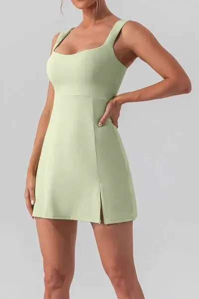 Square Neck Sleeveless Slit Mini Active Dress - Trendsi - Flyclothing LLC