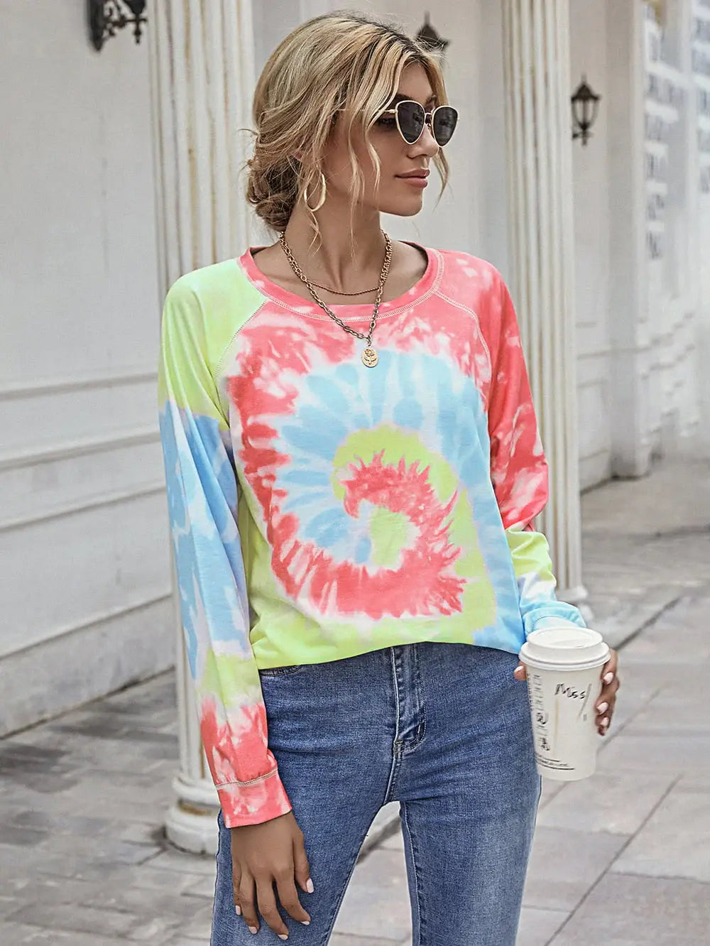 Printed Round Neck Raglan Sleeve Tee - Trendsi - Flyclothing LLC