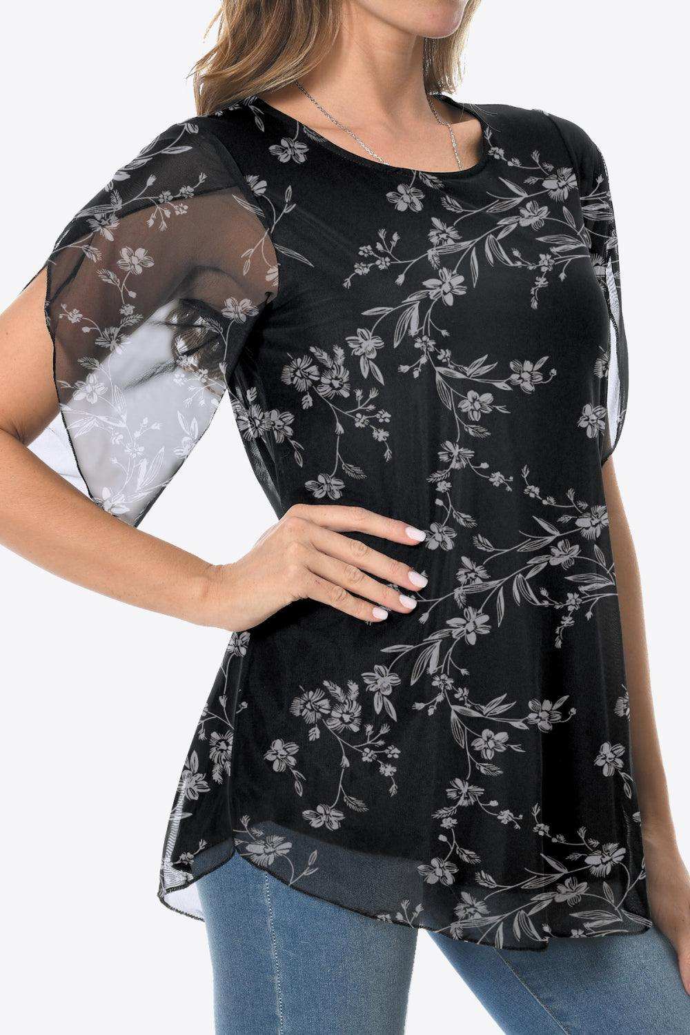 Printed Round Neck Curved Hem Blouse - Trendsi - Flyclothing LLC