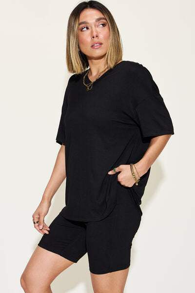 Basic Bae Full Size V-Neck Drop Shoulder Short Sleeve T-Shirt and Shorts Set - Trendsi - Flyclothing LLC