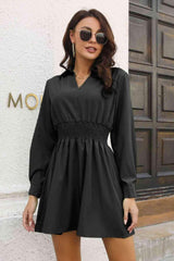 Johnny Collar Smocked Waist Long Sleeve Mini Dress - Trendsi