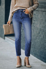 High Waist Raw Hem Skinny Jeans - Trendsi