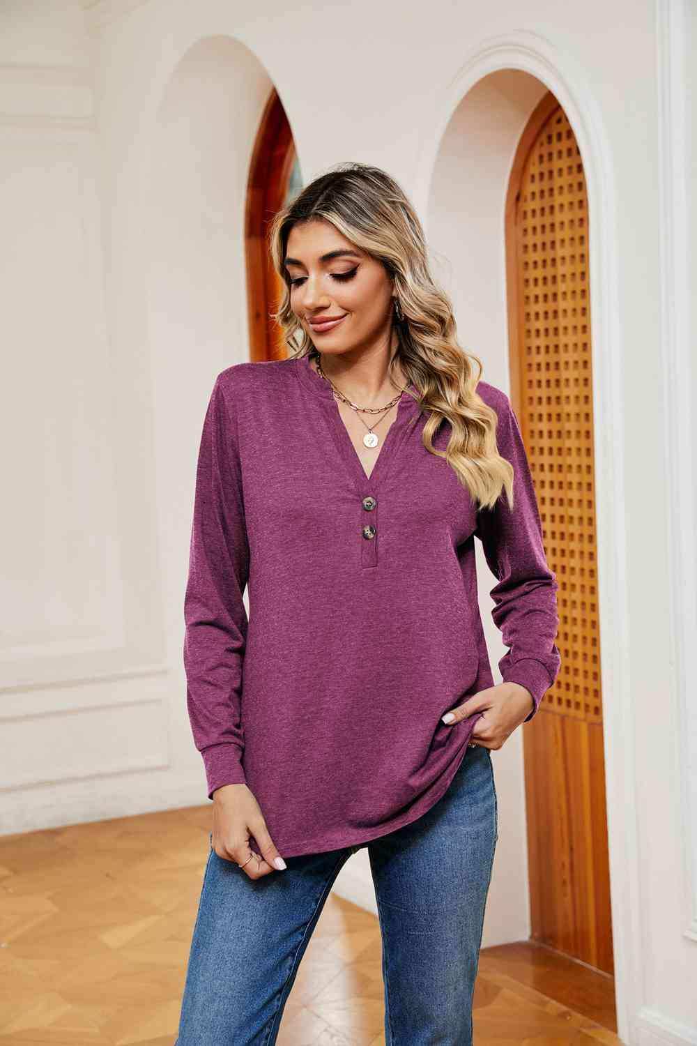 Buttoned Notched Neck Long Sleeve Top - Trendsi - Flyclothing LLC
