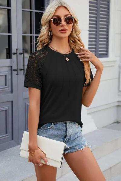 Openwork Round Neck Short Sleeve T-Shirt - Trendsi - Flyclothing LLC