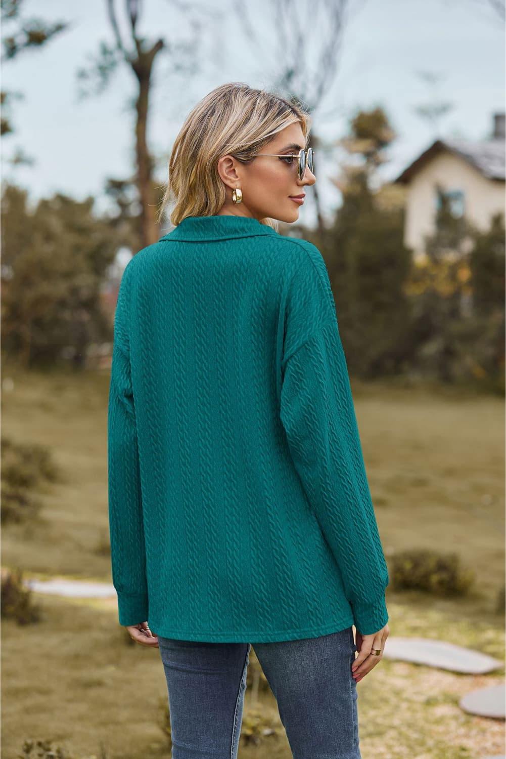 Collared Neck Cable-Knit Long Sleeve Blouse - Trendsi